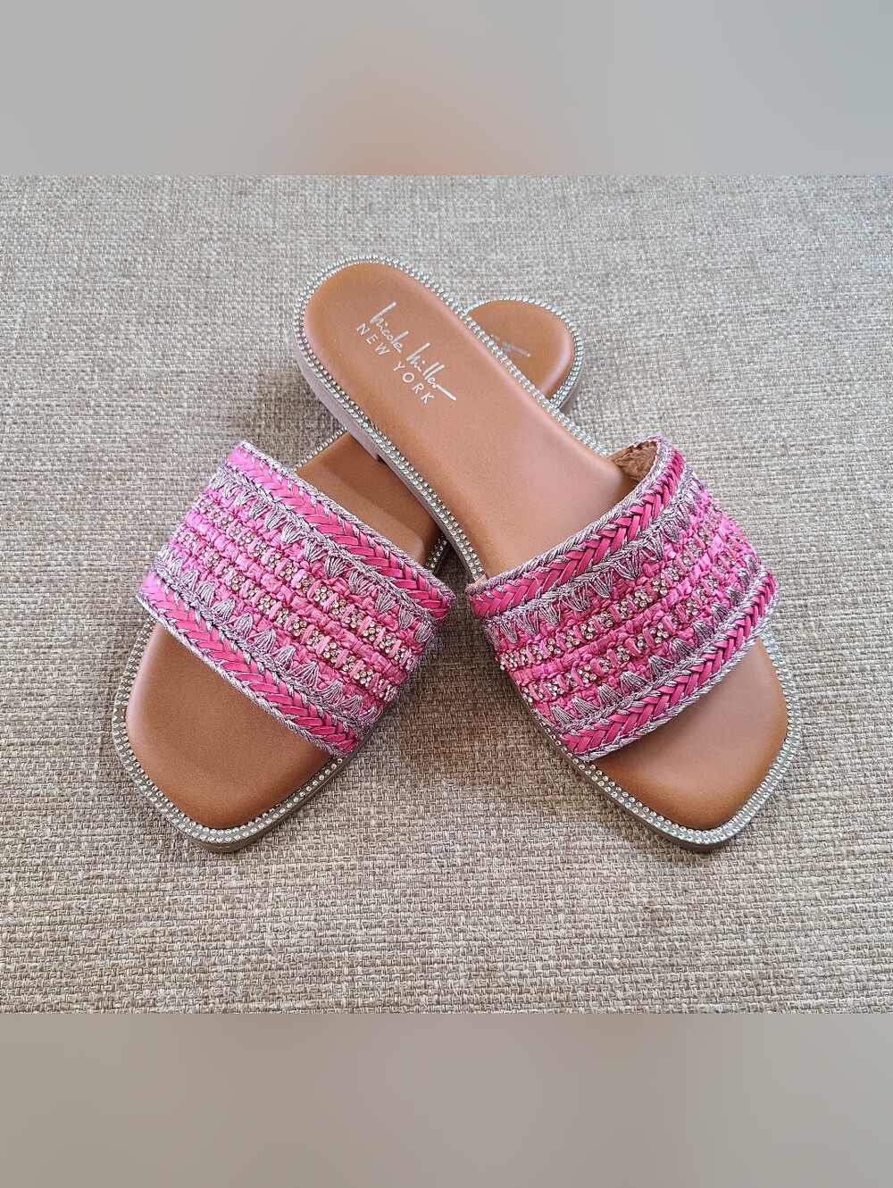 Nicole Miller NY Pink Woven Rhinestone Embellished Slide Sandals NEW Size 7.5